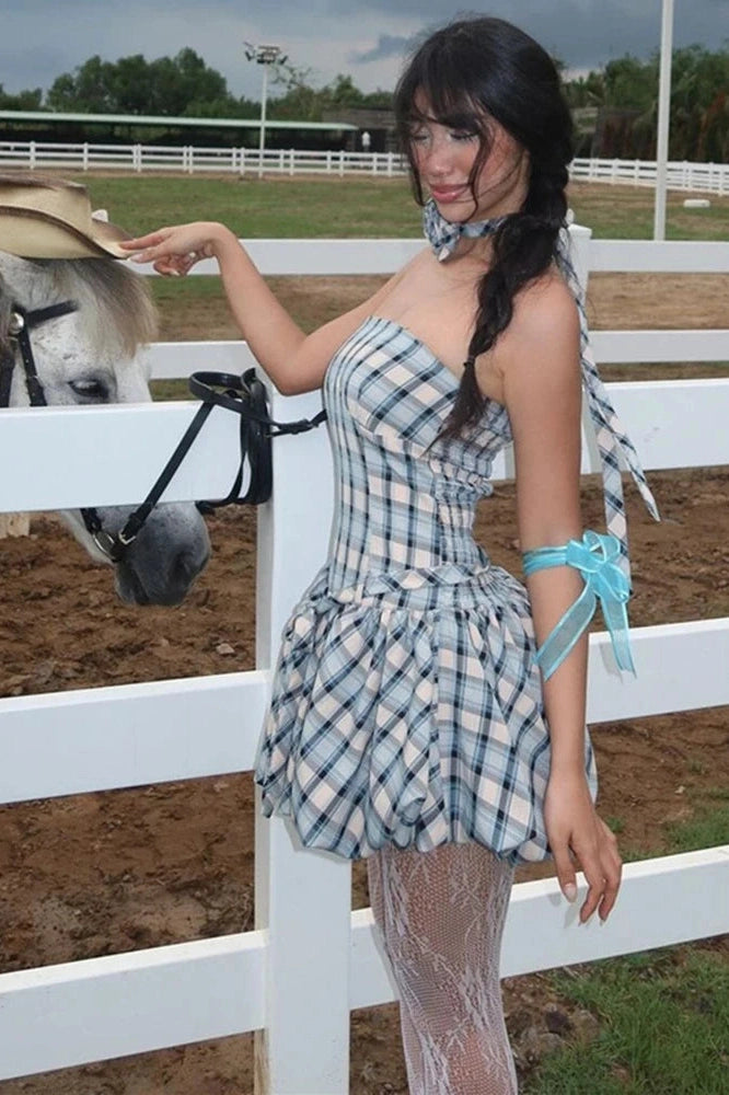 Glorol - Elegant Floral Plaid Print Straps Mini Dress