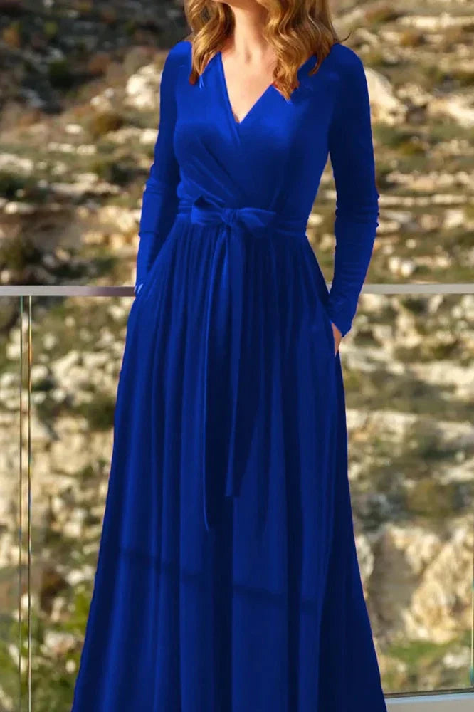 V-Neck  Pleated High Waist A-Line Maxi Dress