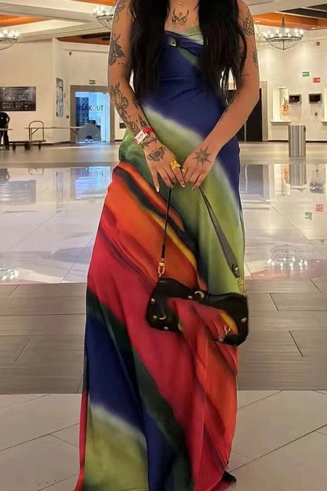 Glorol - Elegant Printed Sleeveless Slim V-Neck Backless Maxi Dress