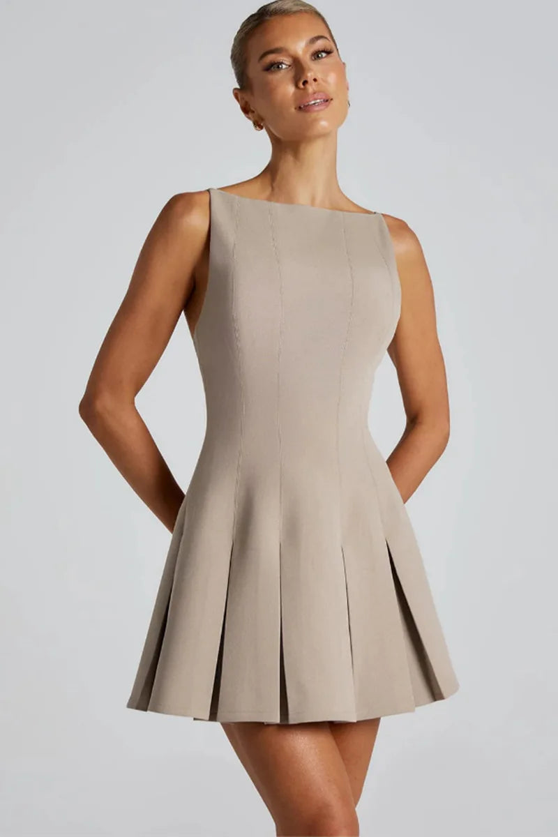 Glorol - Backless High Waist A-line Spaghetti Strap Sleeveless Pleated Mini Dress