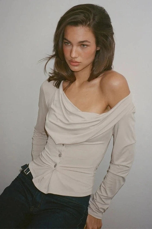 Glorol - Pleated Button Long-Sleeve Top