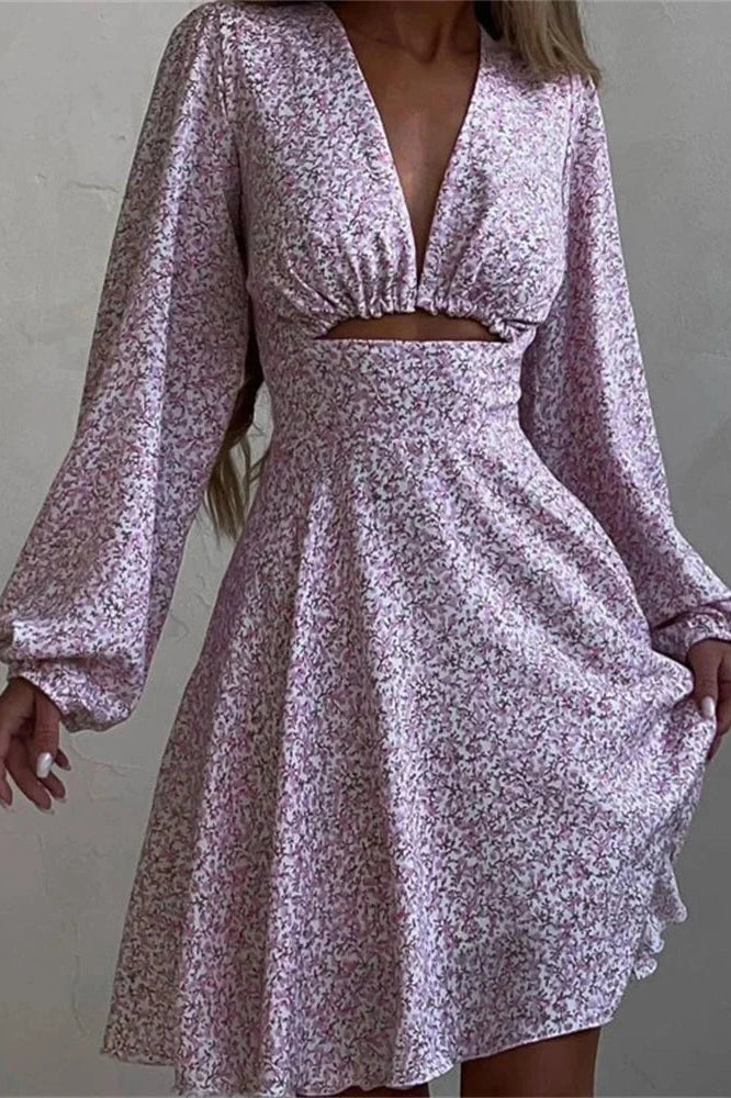 Glorol - Hollow Out V-Neck Printed Long Sleeve Patchwork Mini Dress