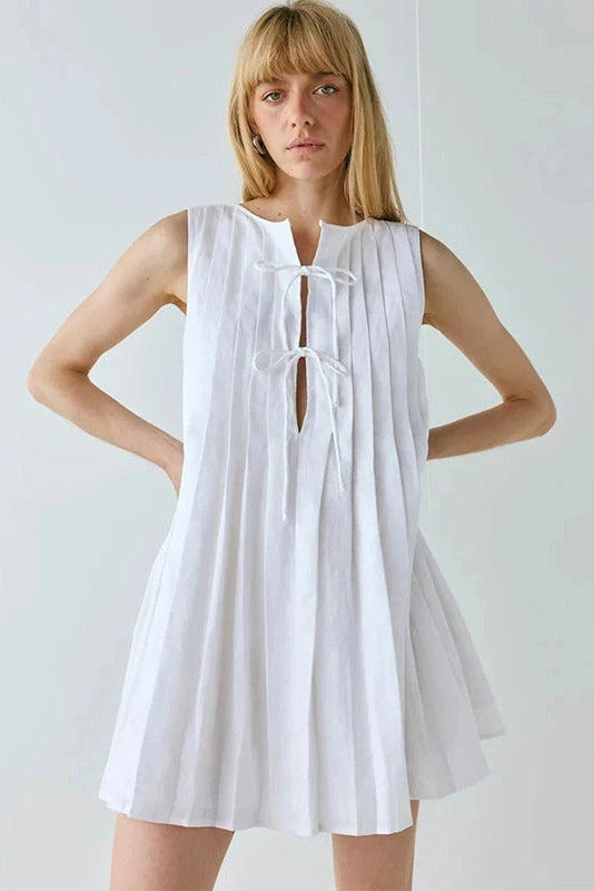 Glorol - Elegant Loose Pleated Lace-Up Mini Dress