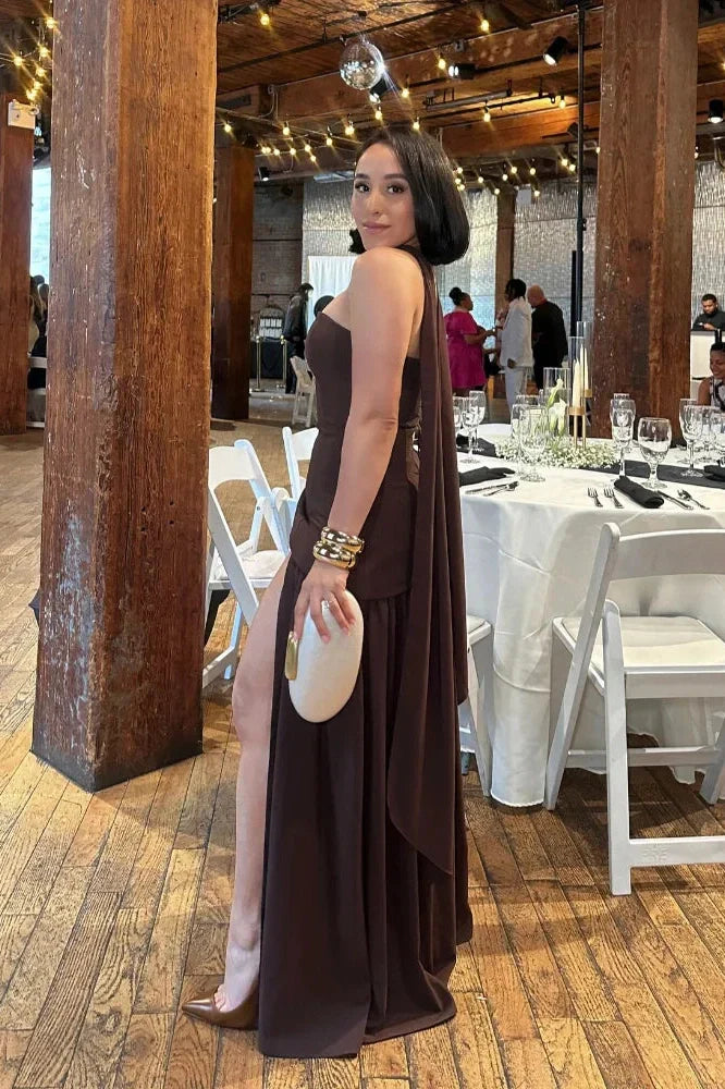 Notiglo - Scarf Neck Sleeveless Off Shoulder A-Line Maxi Dress