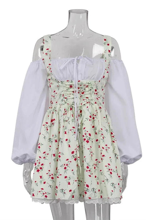 Glorol - Puff Sleeve Two Piece Strapless Lace Up Mini Dress