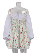 Glorol - Puff Sleeve Two Piece Strapless Lace Up Mini Dress