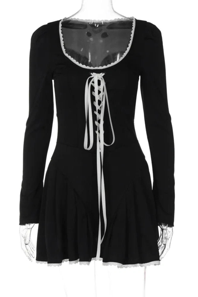Glorol - Lace Bandage Square Collar Puff Sleeve Mini Dress