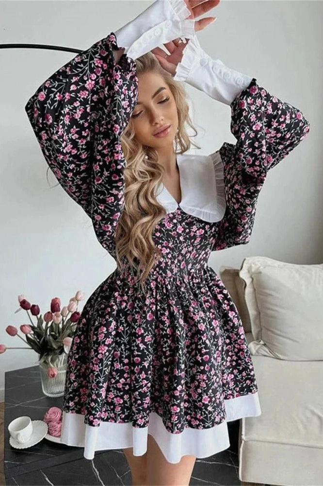 Glorol - Printed V-Neck Slim Long Sleeve Bodycon Mini Dress