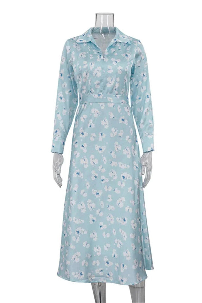 Glorol - Printed Long Sleeve High Waist Slim Midi Dress