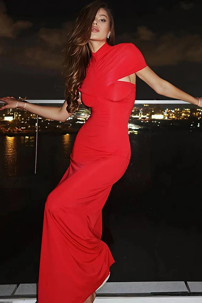 Glorol - Elegant Turtleneck Short Sleeve Maxi Dress