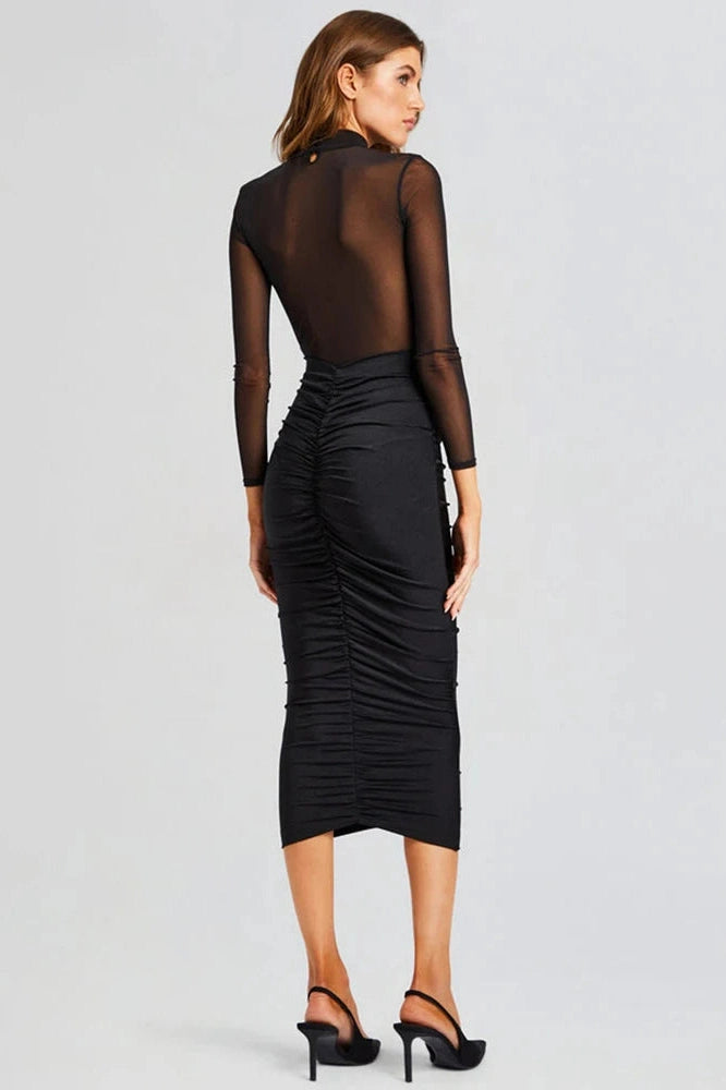 Glorol - Long Sleeve See Through Backless Bodycon Maxi Dress