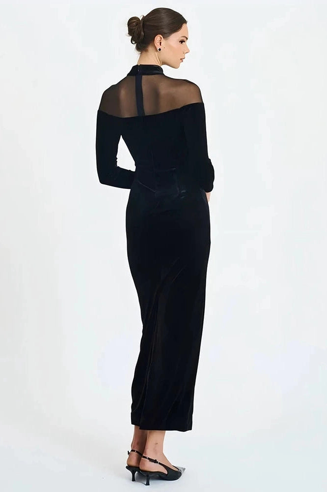 Glorol - Off-Shoulder Long Sleeve High Collar Backless Bodycon Maxi Dress