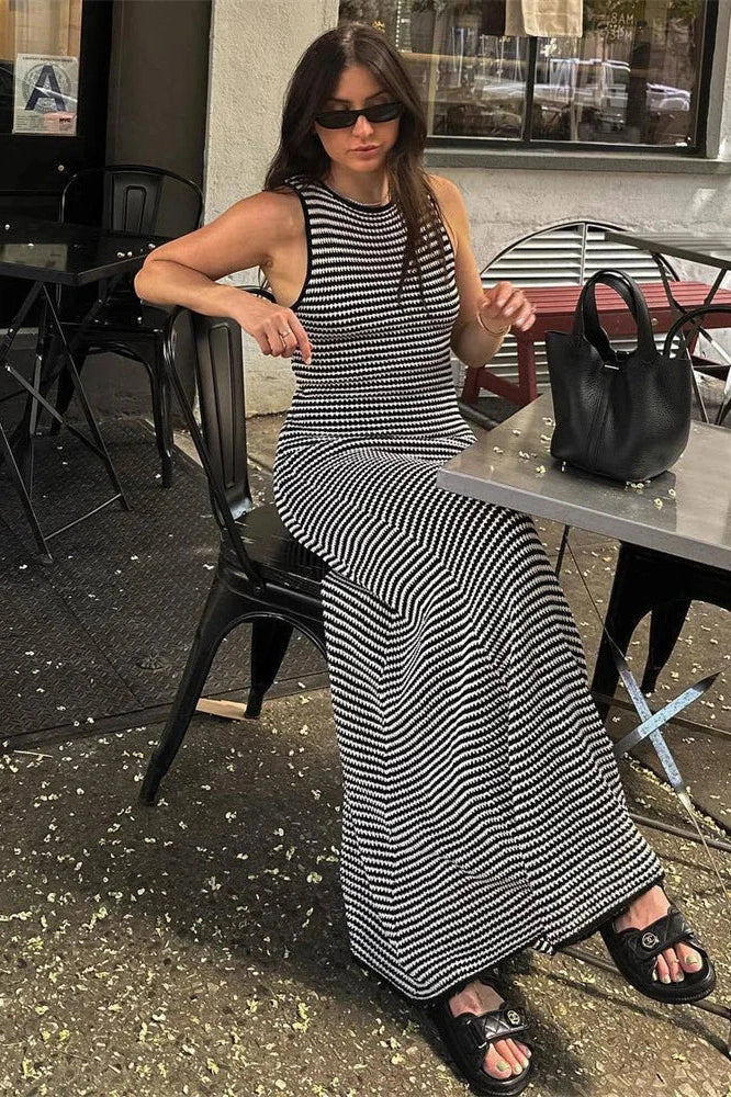 Hollow Out Striped Sleeveless Slim High Waist Maxi Dress