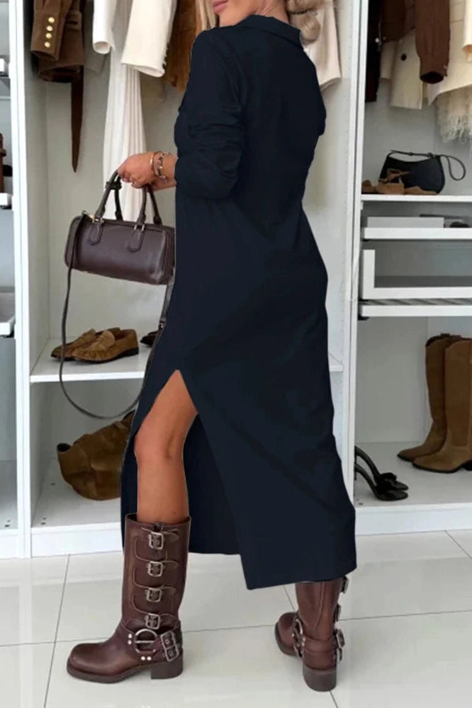 Glorol - Elegant High Waist Loose A-Line Long Sleeve Midi Dress