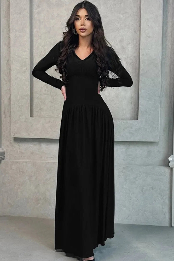 Glorol - Long Sleeve V Neck High Waist Slim Pleated Maxi Dress