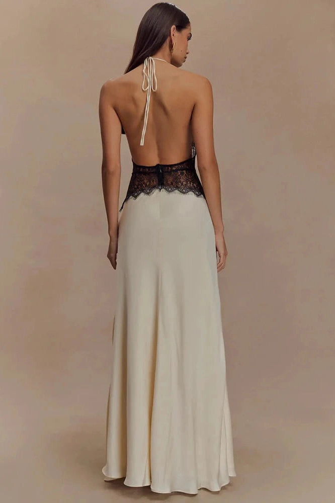Glorol - Backless Patchwork Lace Deep V Neck Sleeveless High Waist Maxi Dress
