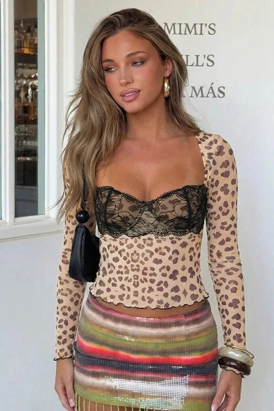 Glorol - Printed Lace V-Neck Long-Sleeve Top