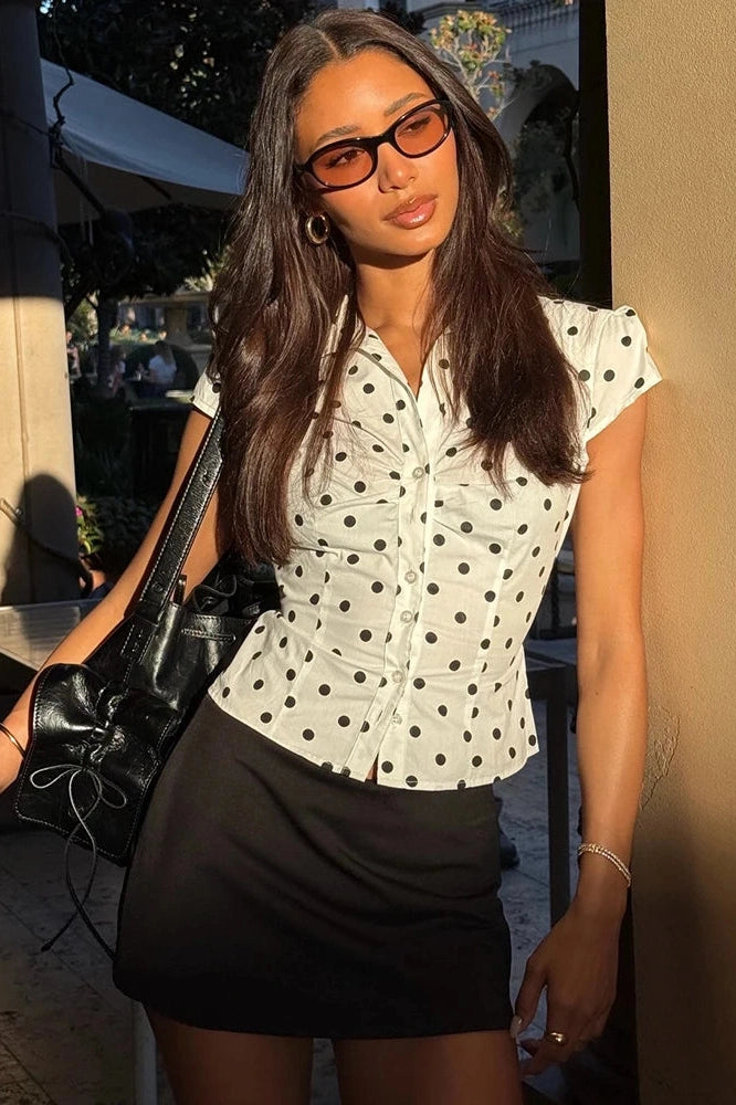 Glorol - Polka Dot Short Sleeve Single-Breasted Lace-Up Top