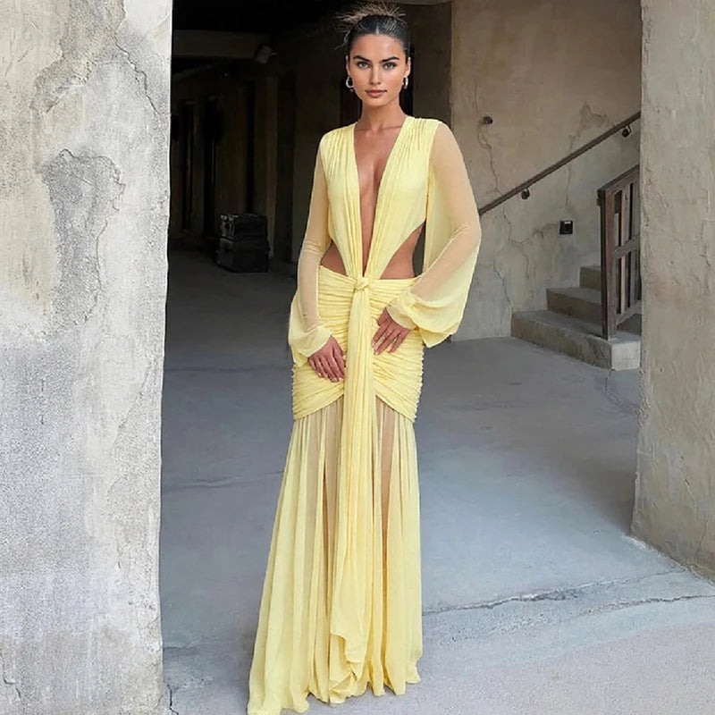 Glorol - Pleated Deep V-Neck Bodycon Maxi Dress