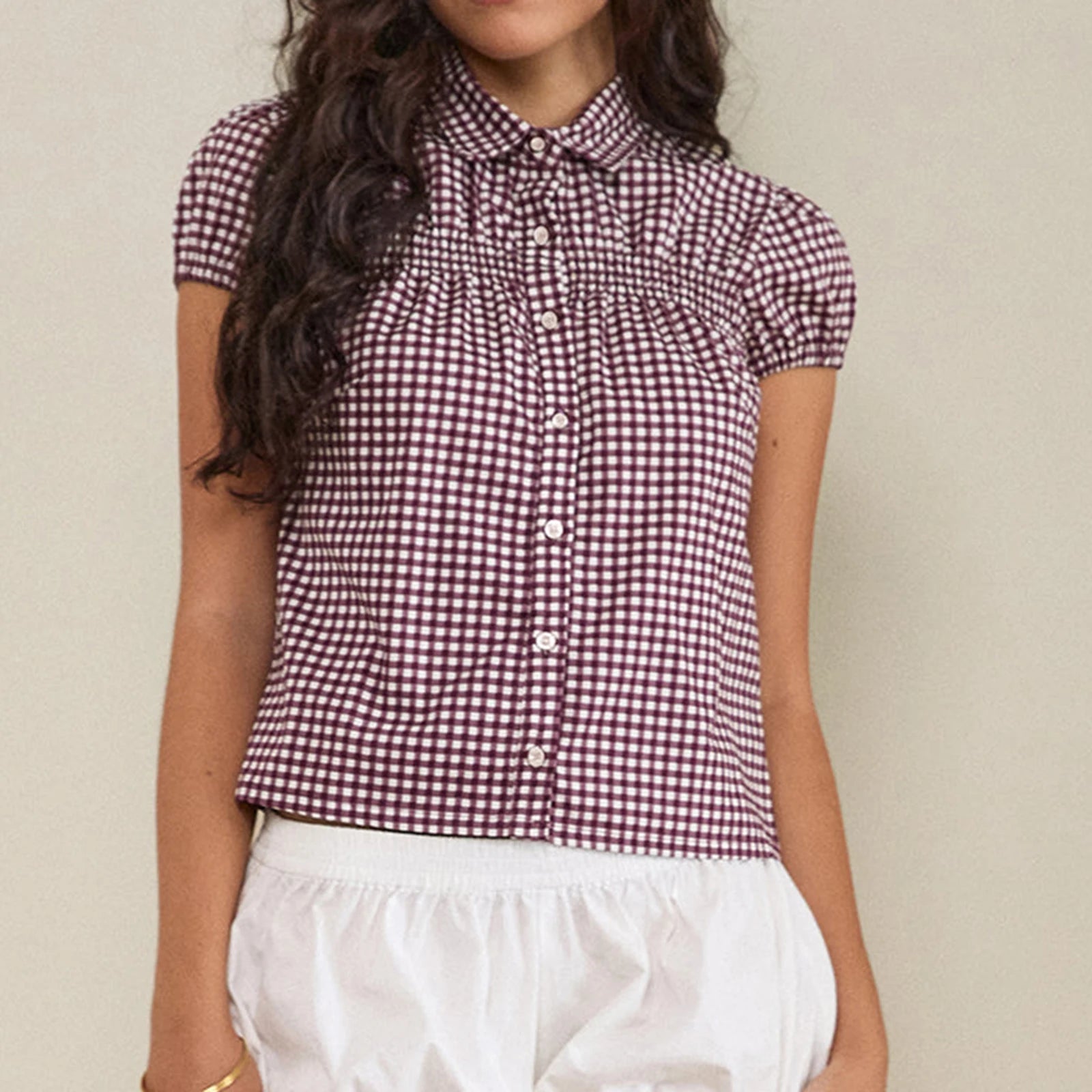 Glorol - Sleeves Stripes Plaid Print Slim Fit Top
