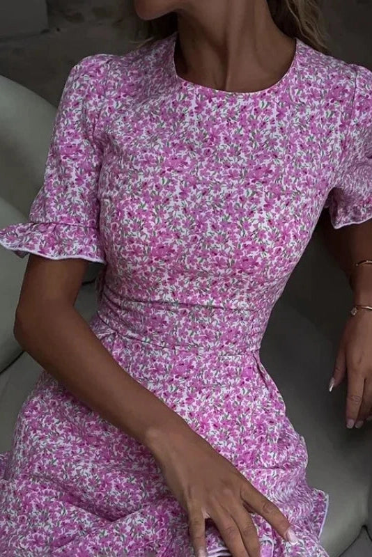 Glorol - Hollow Out Printed Backless Slim Fit Short Sleeve Mini Dress
