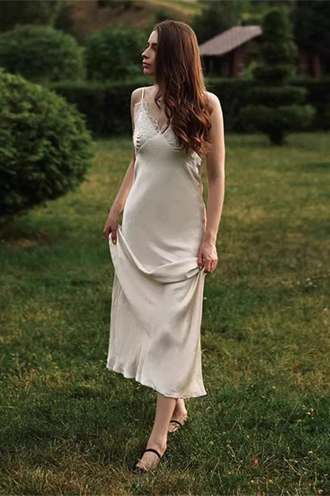 Glorol - Lace Slim Spaghetti Straps Patchwork Maxi Dress