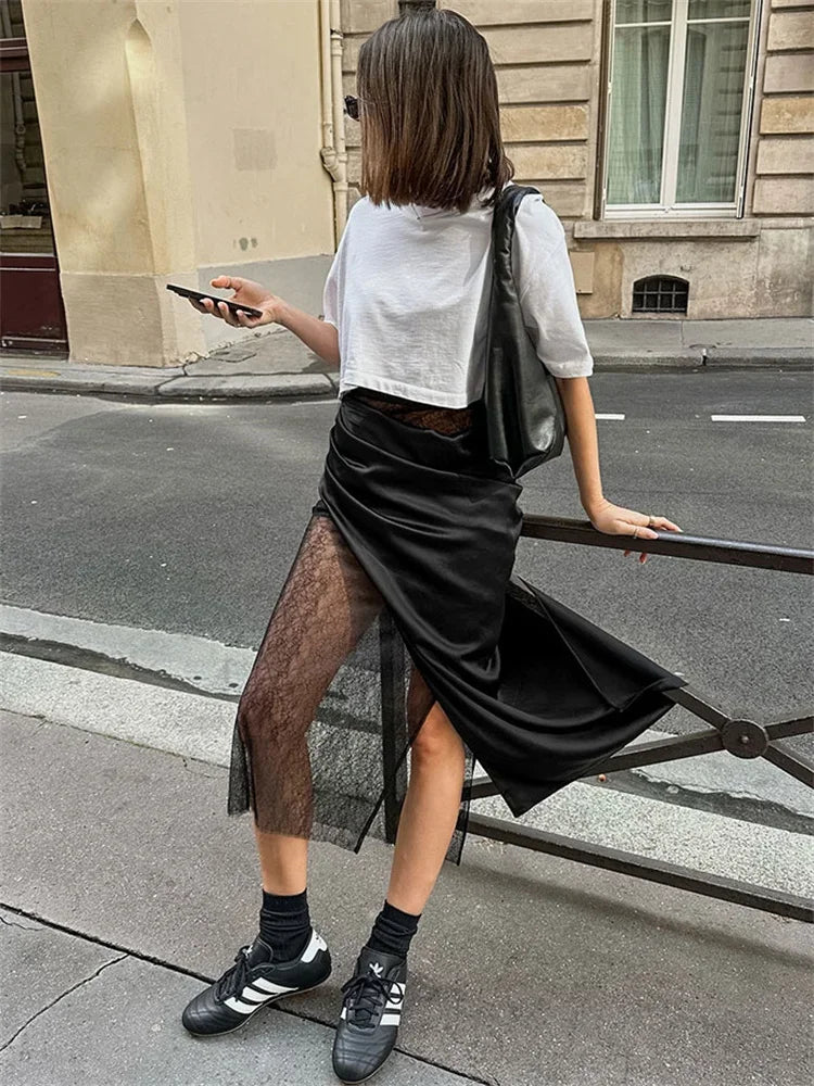 Glorol - High Waist PU Leather Patchwork Lace Skirt