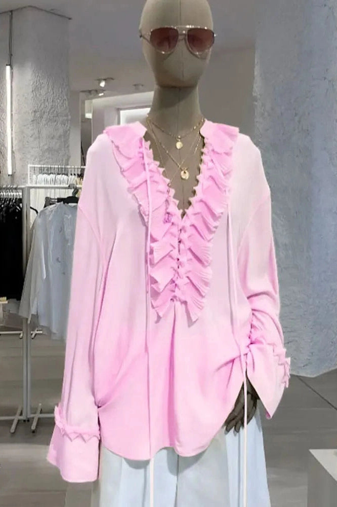 Glorol - Lace-Up See-Through V-Neck Long Sleeve Loose Top