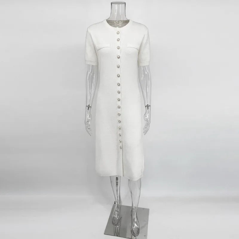 Glorol - Elegant Single Breasted Patchwork Midi Dress