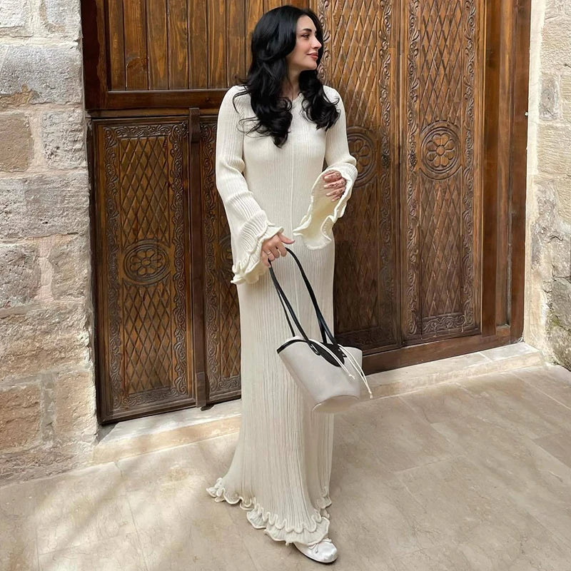 Knit Lace-Up Long Sleeve Loose Pleated Maxi Dress