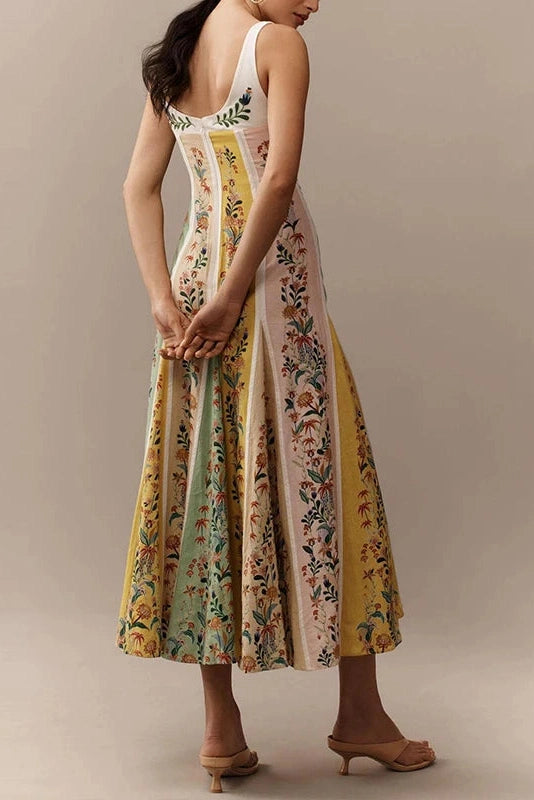 Glorol - Floral Printed Slim High Waist Sleeveless Pleated Maxi Dress