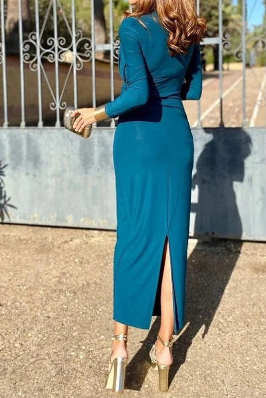 Glorol - Elegant Long Sleeve Split Maxi Dress