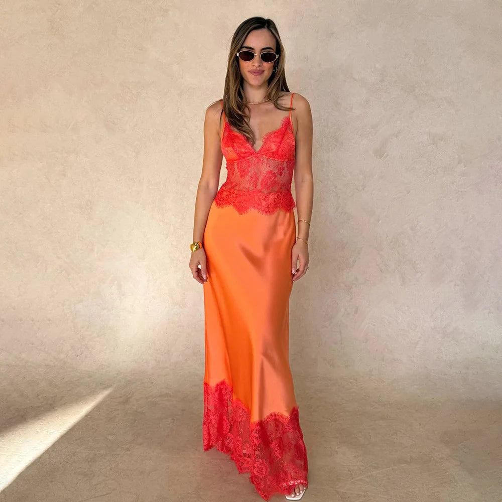Glorol - Lace Spaghetti Strap V Neck  Backless Maxi Dress
