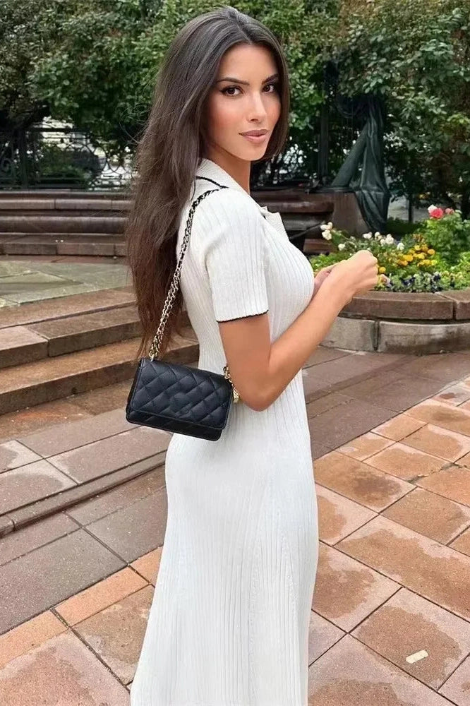 Glorol - Short Sleeve Patchwork High Waist Midi Dress