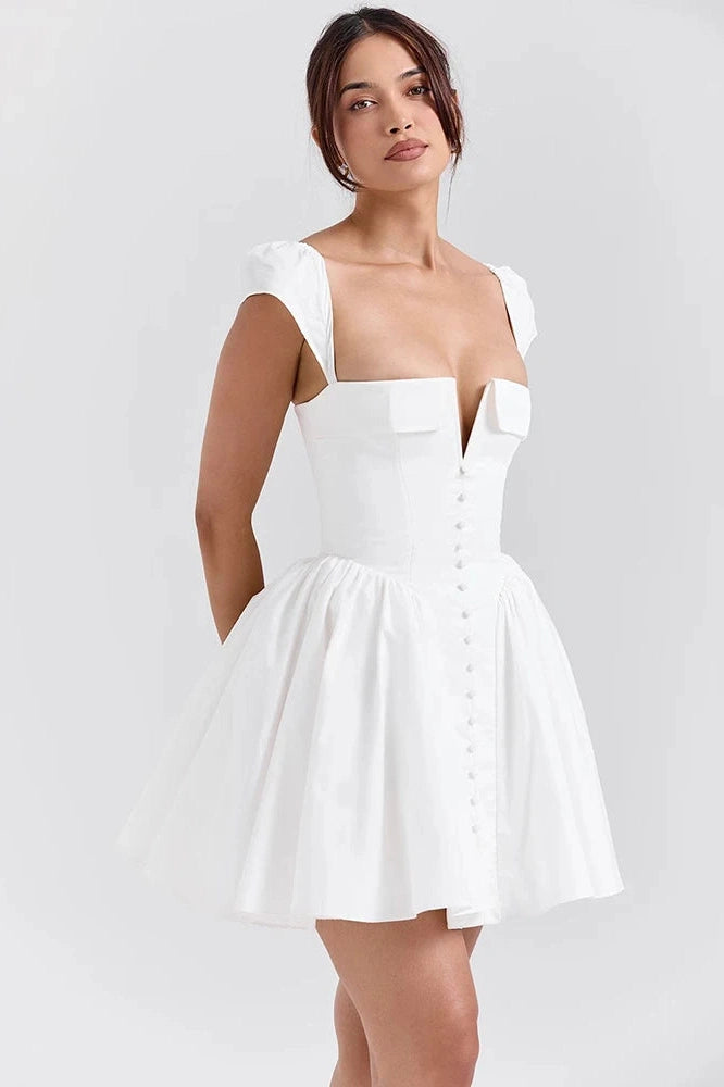 Glorol - Backless Square Collar Short Sleeve A-line Mini Dress