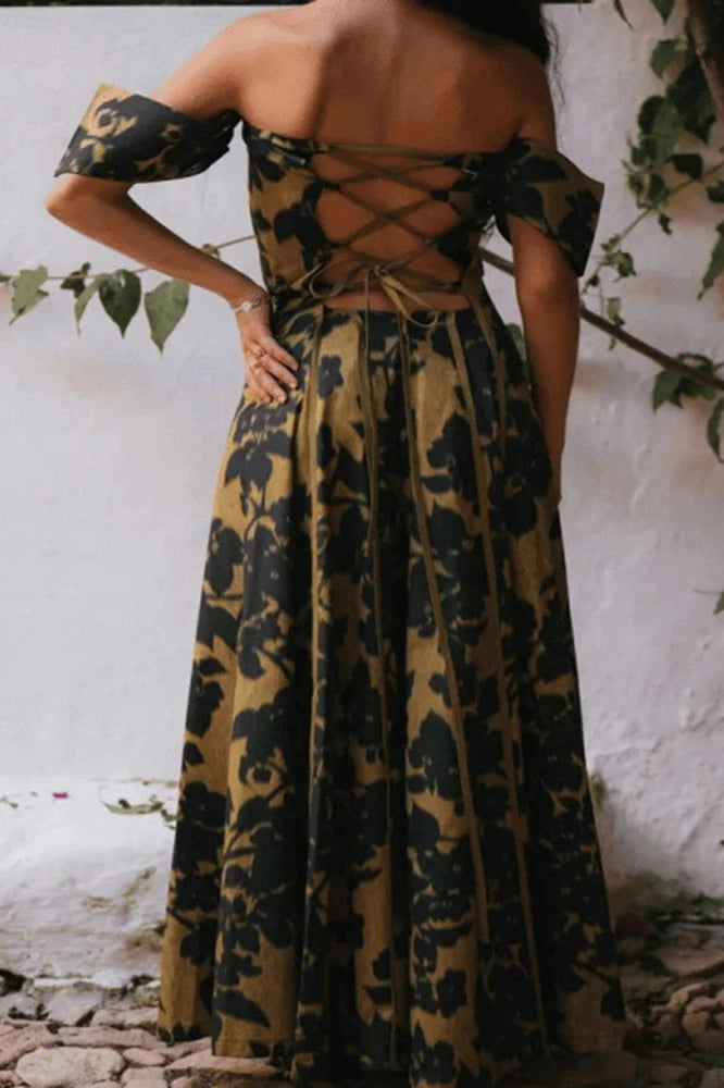 Glorol - Hollow Out High Waist Pleated Sleeveless Printed Maxi Dress