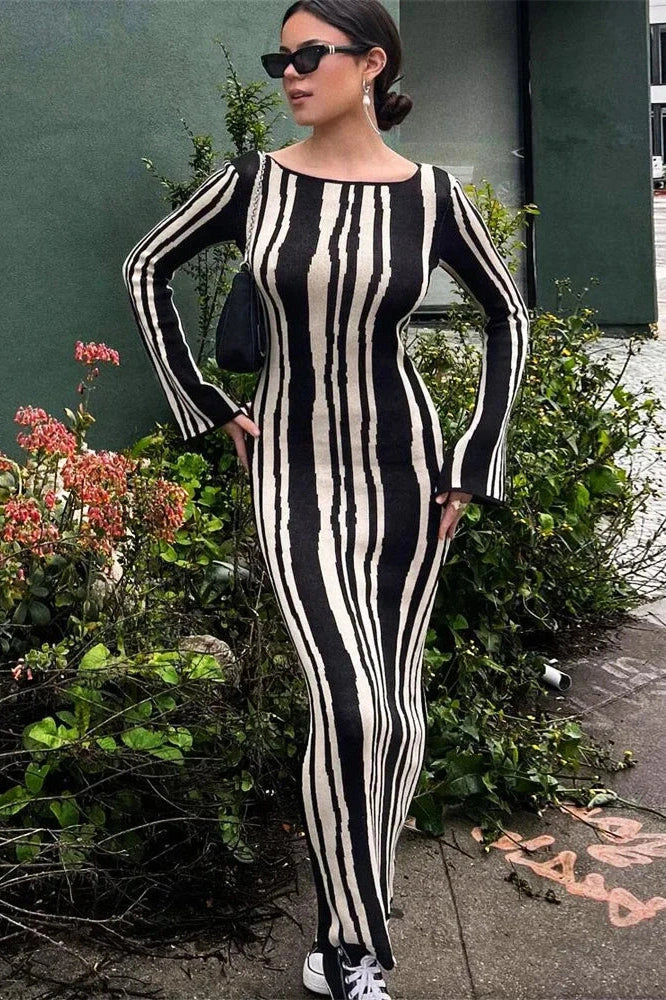 Striped Slim High Waist Maxi Dress