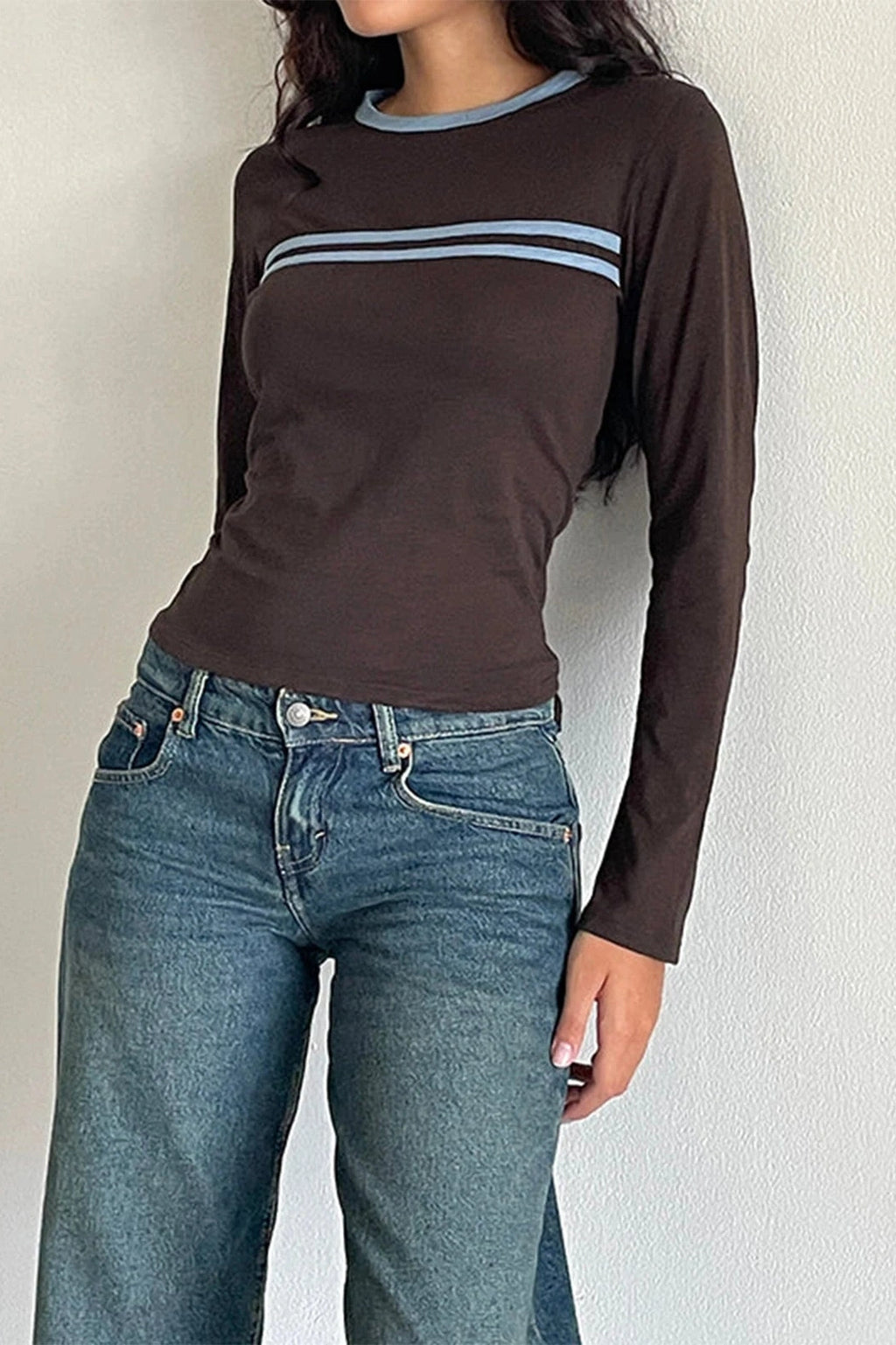 Glorol - Long Sleeve Stripe Print Round-Neck Fit Top