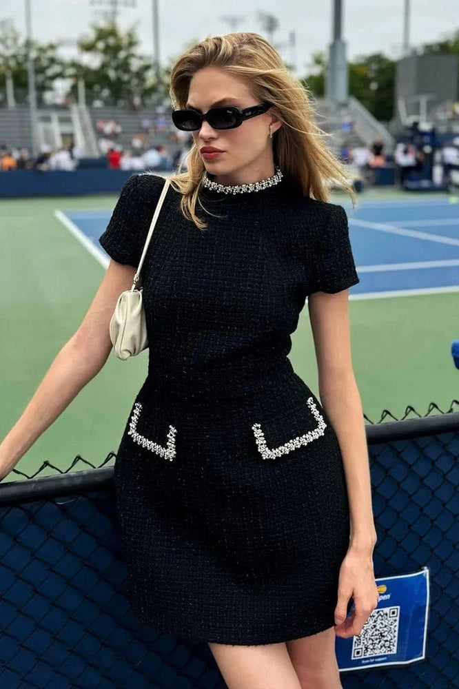 Glorol - Round Neck Short Sleeve Bodycon Patchwork Mini Dress