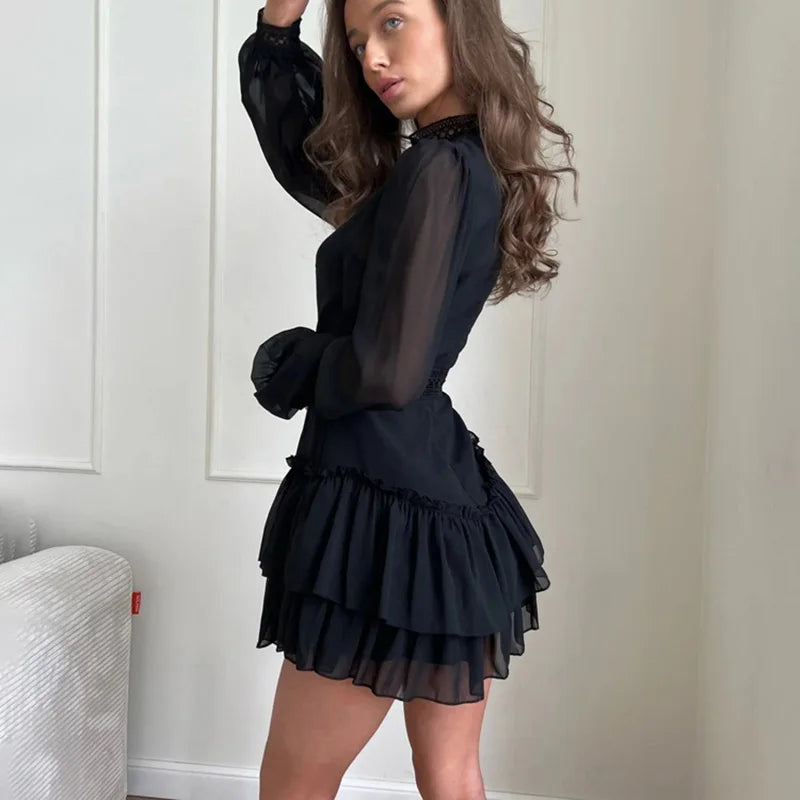 Glorol - Hollow Out See Through Patchwork High Waist Mini Dress