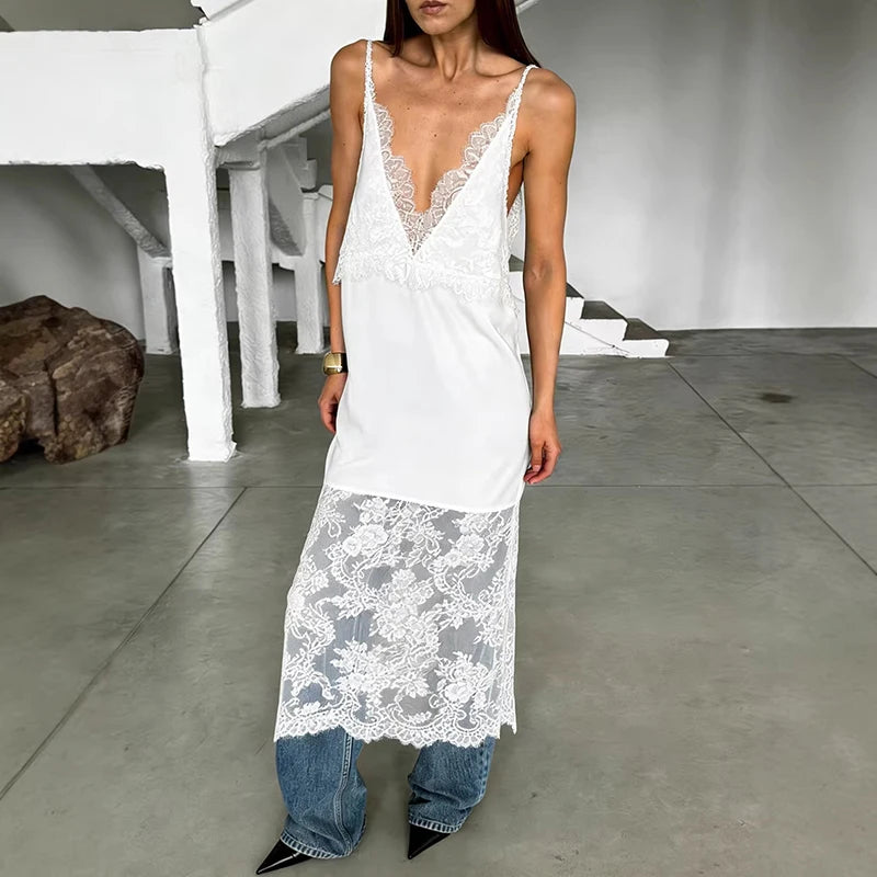 Glorol - Lace Slit Deep V-Neck Loose Midi Dress