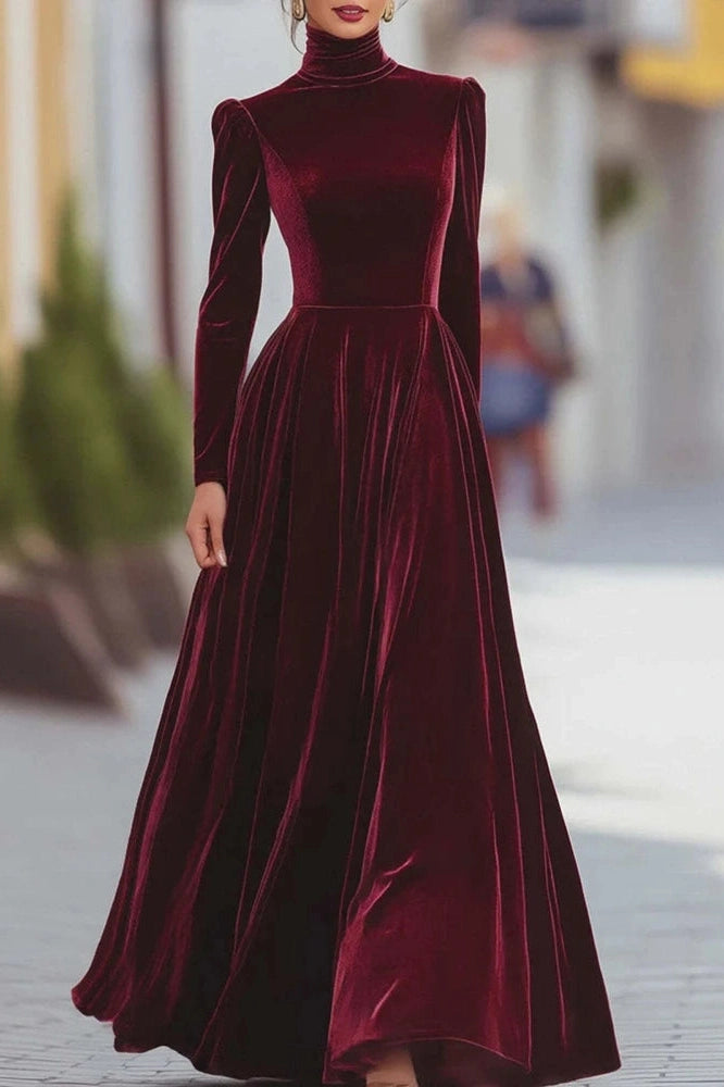 Glorol - Elegant High Collar Long Sleeve Slim Pleated Maxi Dress