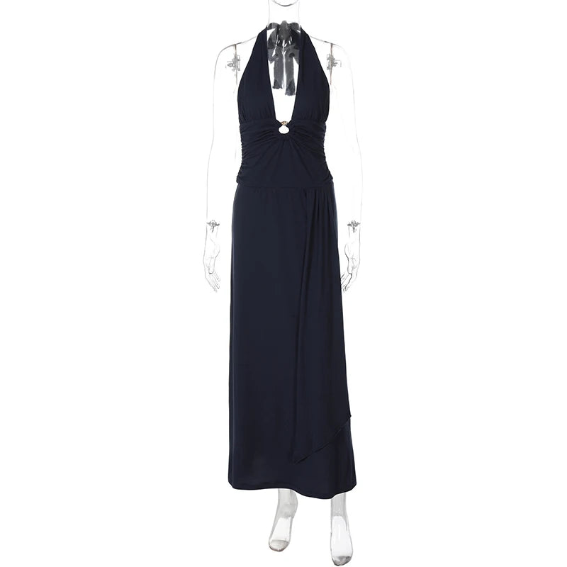 Glorol - Deep V-Neck Hollow Out Lace Up Sleeveless Backless Maxi Dress
