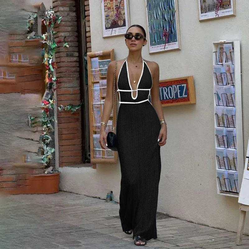 Glorol - Backless Lace-Up V-Neck Sleeveless Maxi Dress