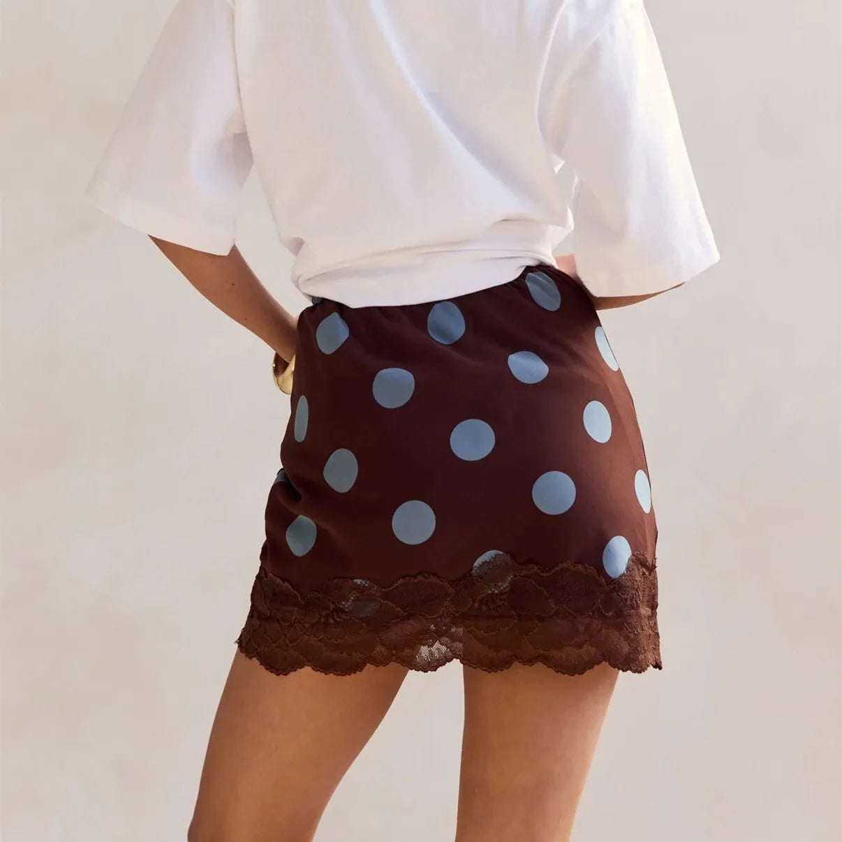 Glorol - Lace Trim Hem Dots Print High Waist Skirt