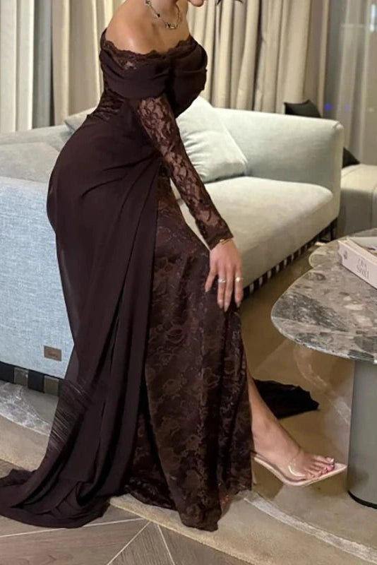 Glorol - Elegant High Waist Split Pleated Off-Shoulder Lace Maxi Dress