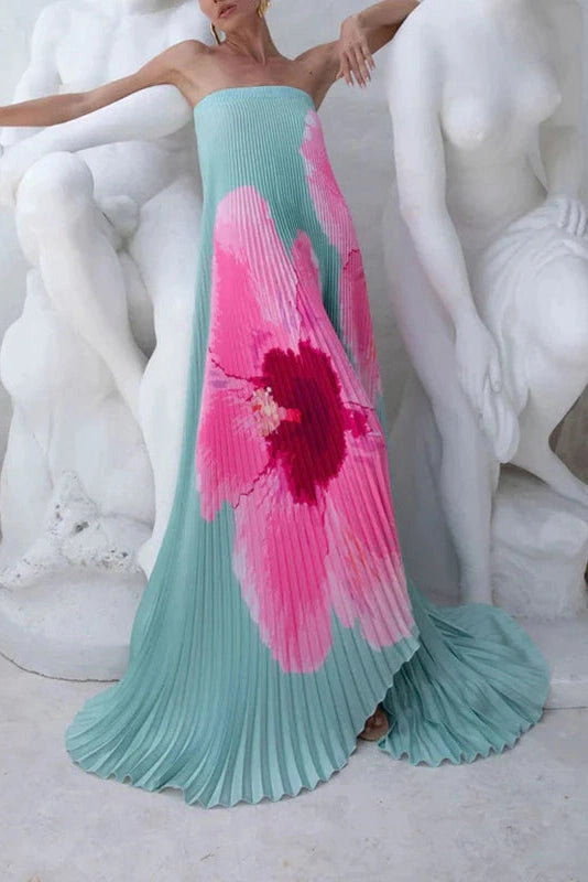 Glorol - Elegant Strapless Off Shoulder Printed Maxi Dress