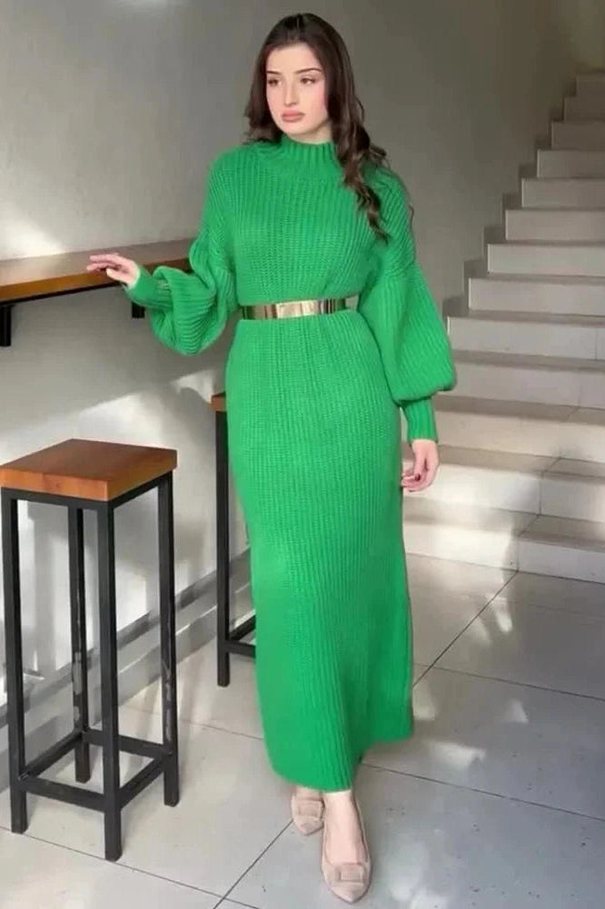 Glorol - Elegant Knitted Turtleneck Long Sleeve Maxi Dress