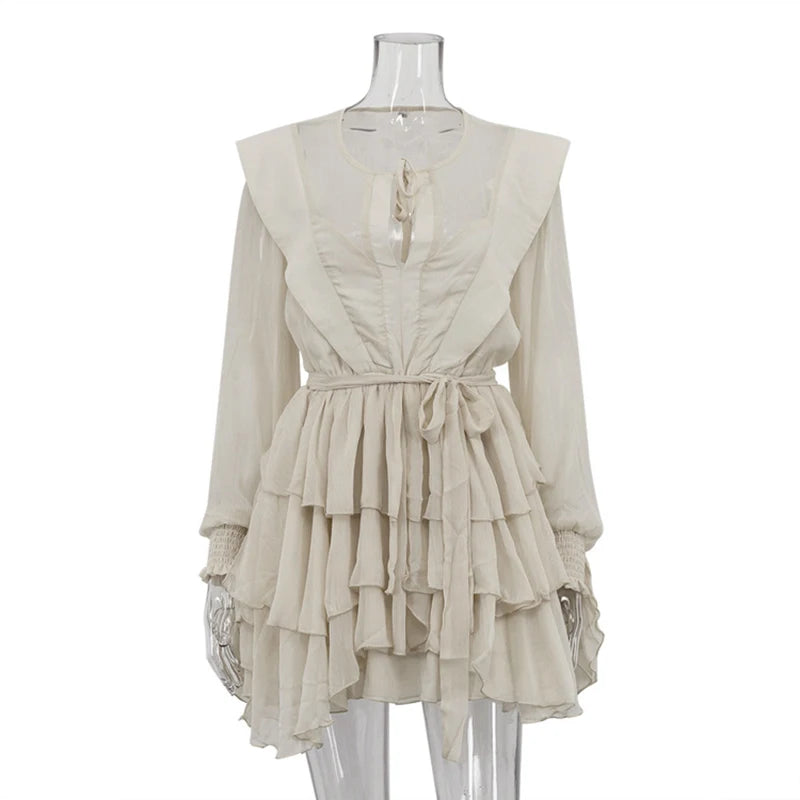 Glorol - See-Through Long Sleeve Lace Up Mini Dress