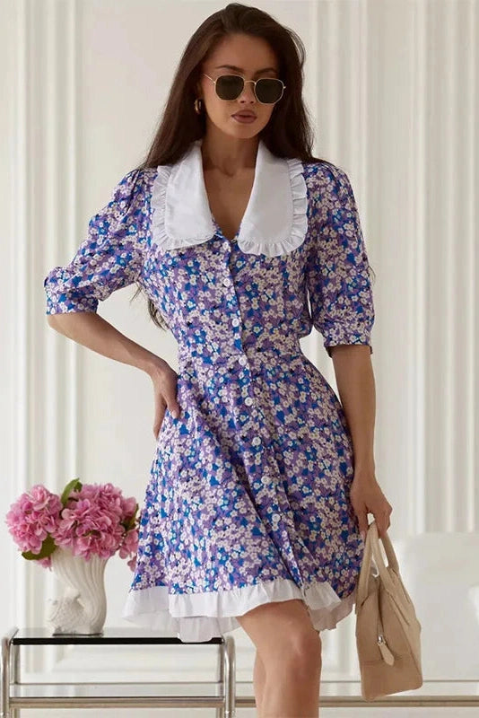 Glorol - Short Sleeves Printed High-Waisted Mini Dress